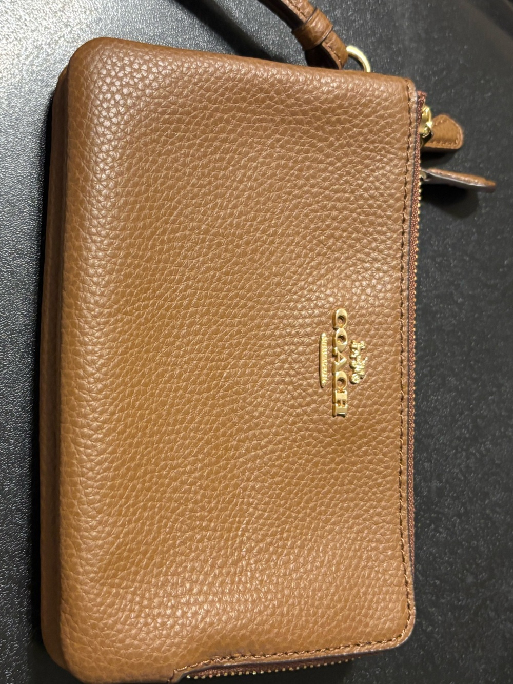 Coach Caramel Brown Pebbled Double Zip Leather Wristlet with Gold Logo
